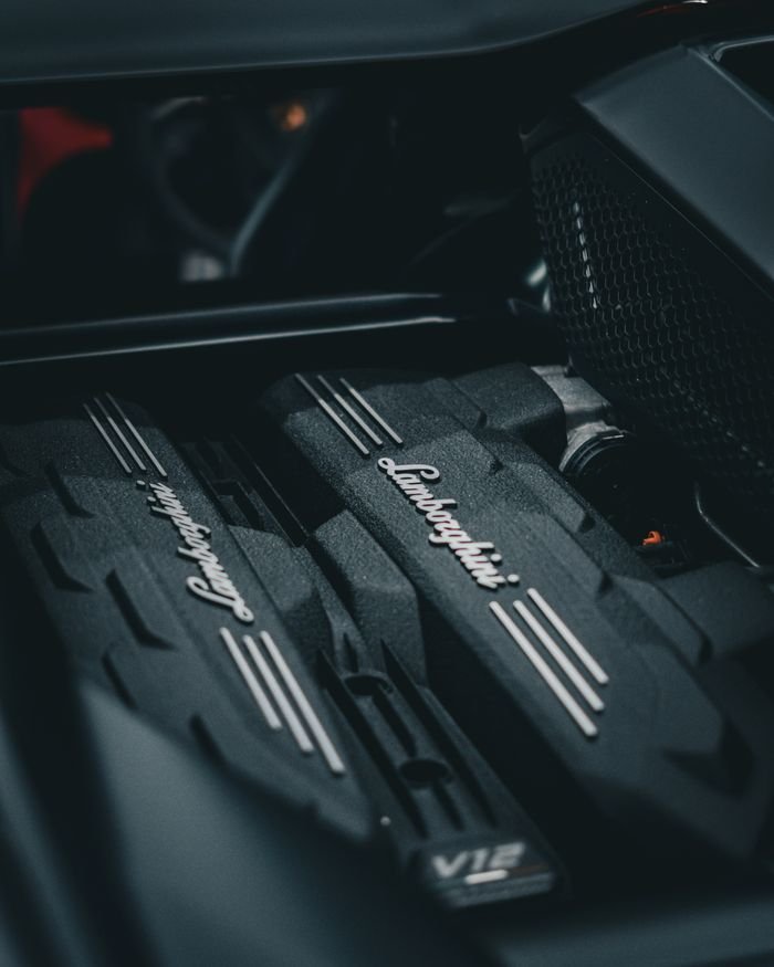 Detailed view of a Lamborghini V12 engine, showcasing luxury automotive engineering and design.